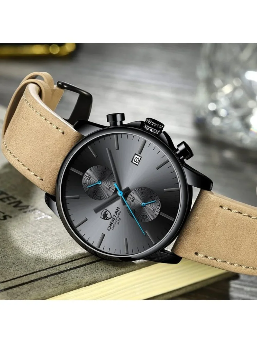 Men's Leather Blue hands Fashion Minimalist Quartz Analog Chronograph Wristwatch